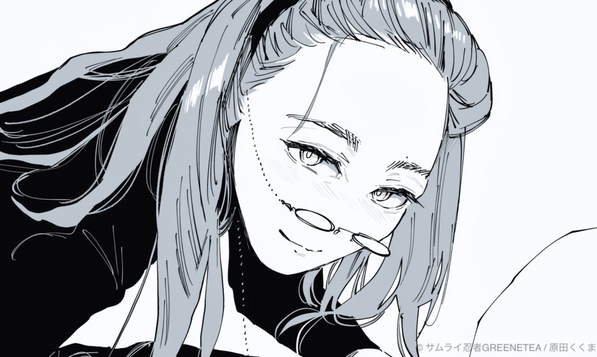 鼻メガネをかけた女性が画面越しにこちらを覗き込んでいるモノクロイラスト。